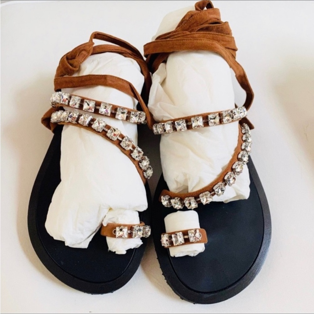 Giuseppe Zanotti Brown Suede Crystals Ankle Wrap Strap Suede Sandals 6 - Picture 2 of 9